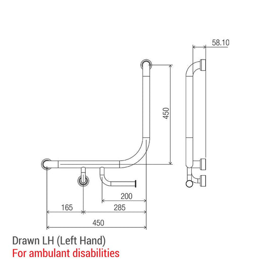 Hygienic Seal® 90° Ambulant & Accessible Grab Rail with Toilet Paper Holder