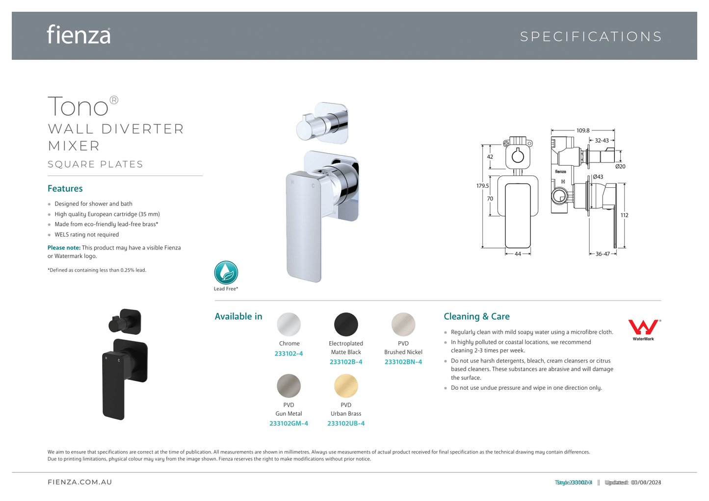 Tono Wall Mixer With Diverter - Square Plate