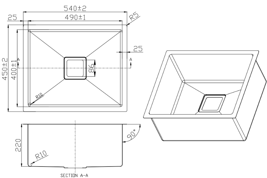 Single Bowl Sink - 540 x 450