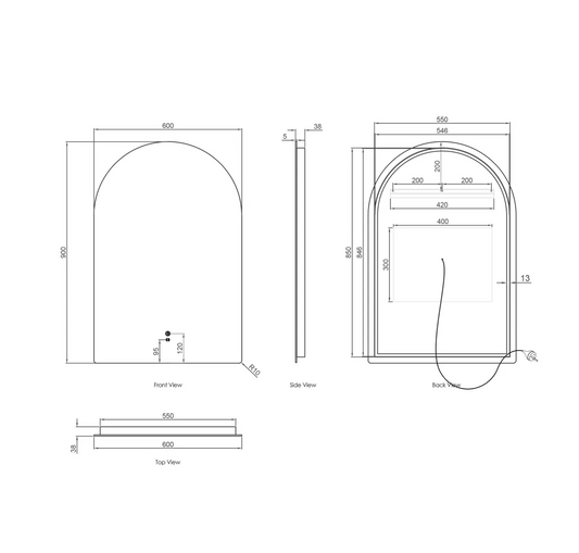 LED Arched Frameless Mirror - 900x600