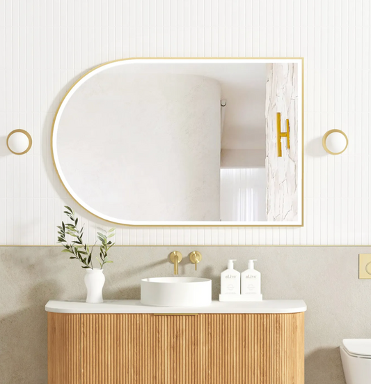 LED Arched Brushed Gold Framed Mirror - 1200x800
