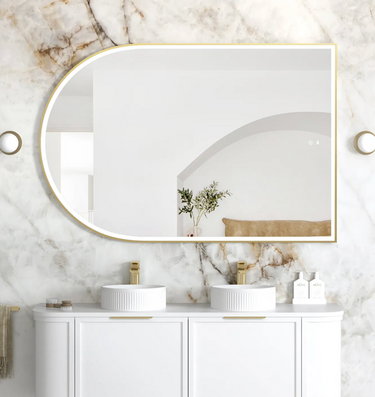 LED Arched Brushed Gold Framed Mirror - 1500x1000