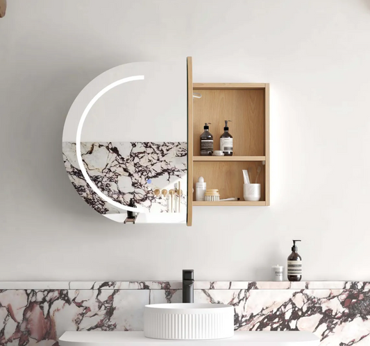 LED Oval Natural Oak Shaving Cabinet - 900 x 600