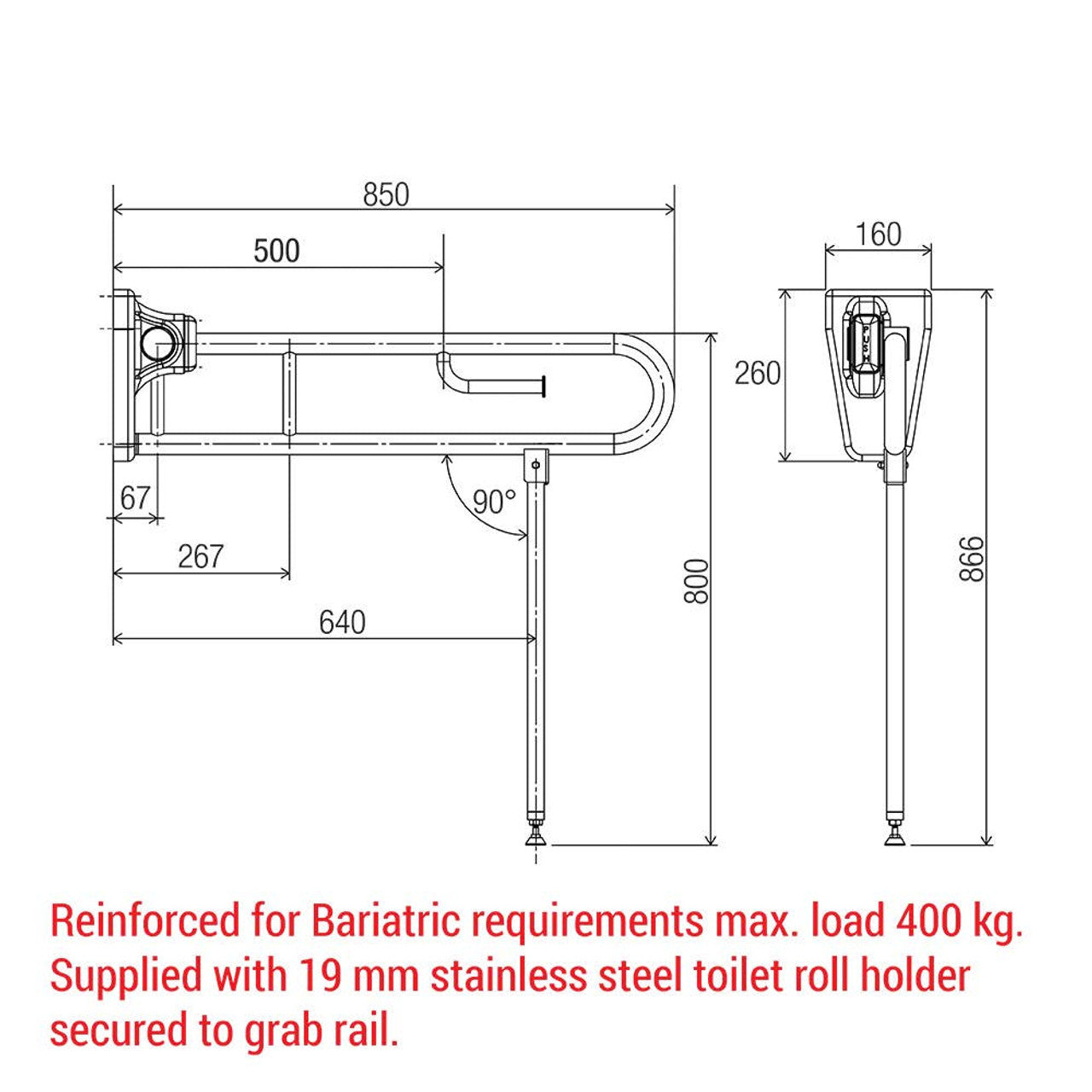 Tiltlock® 850mm Bariatric Folding Leg Grab Rail With Toilet Paper Holder