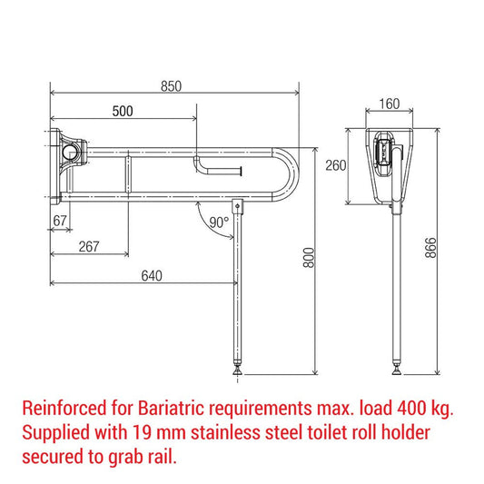 Tiltlock® 850mm Bariatric Folding Leg Grab Rail With Toilet Paper Holder