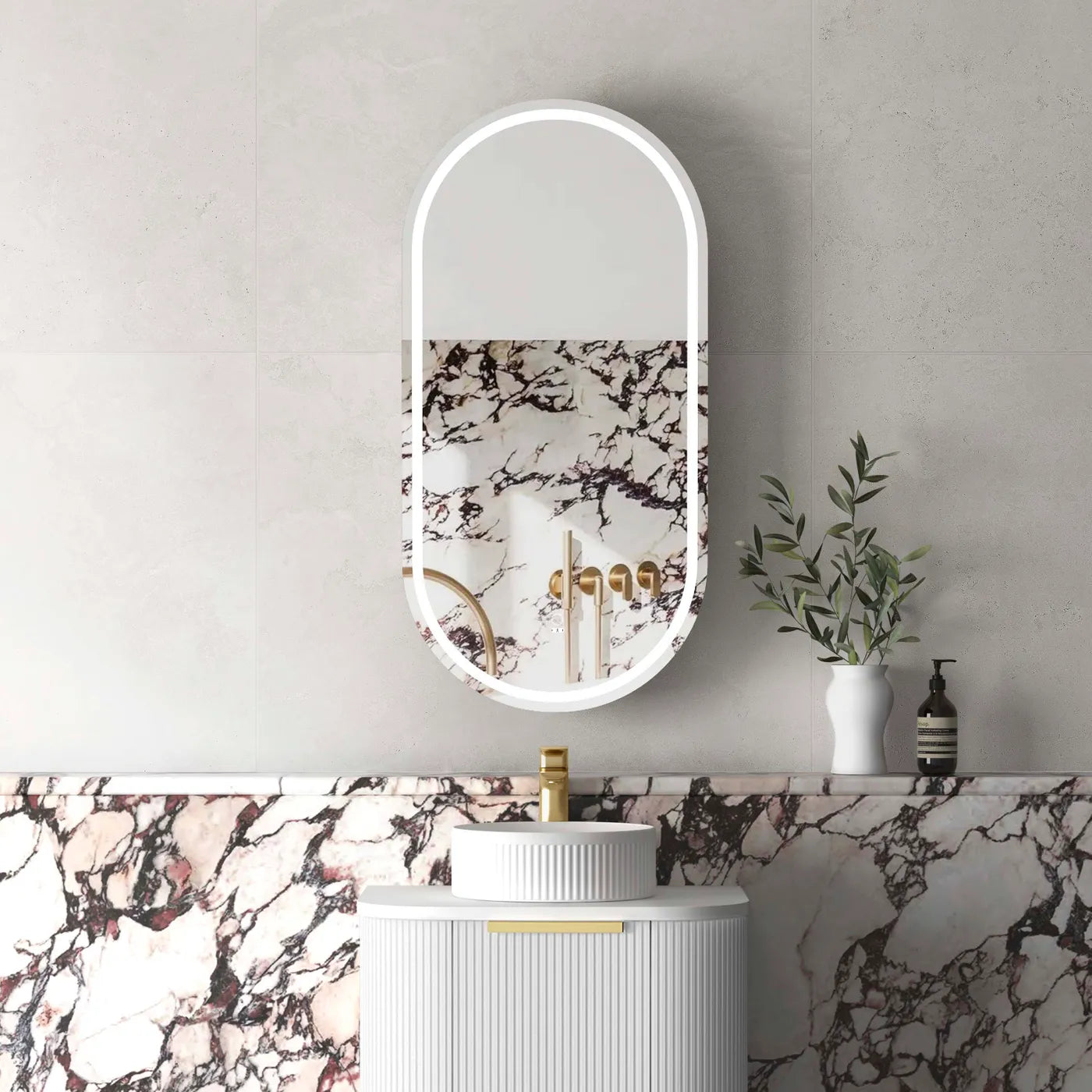 LED Oval Matte White Shaving Cabinet - 900x450