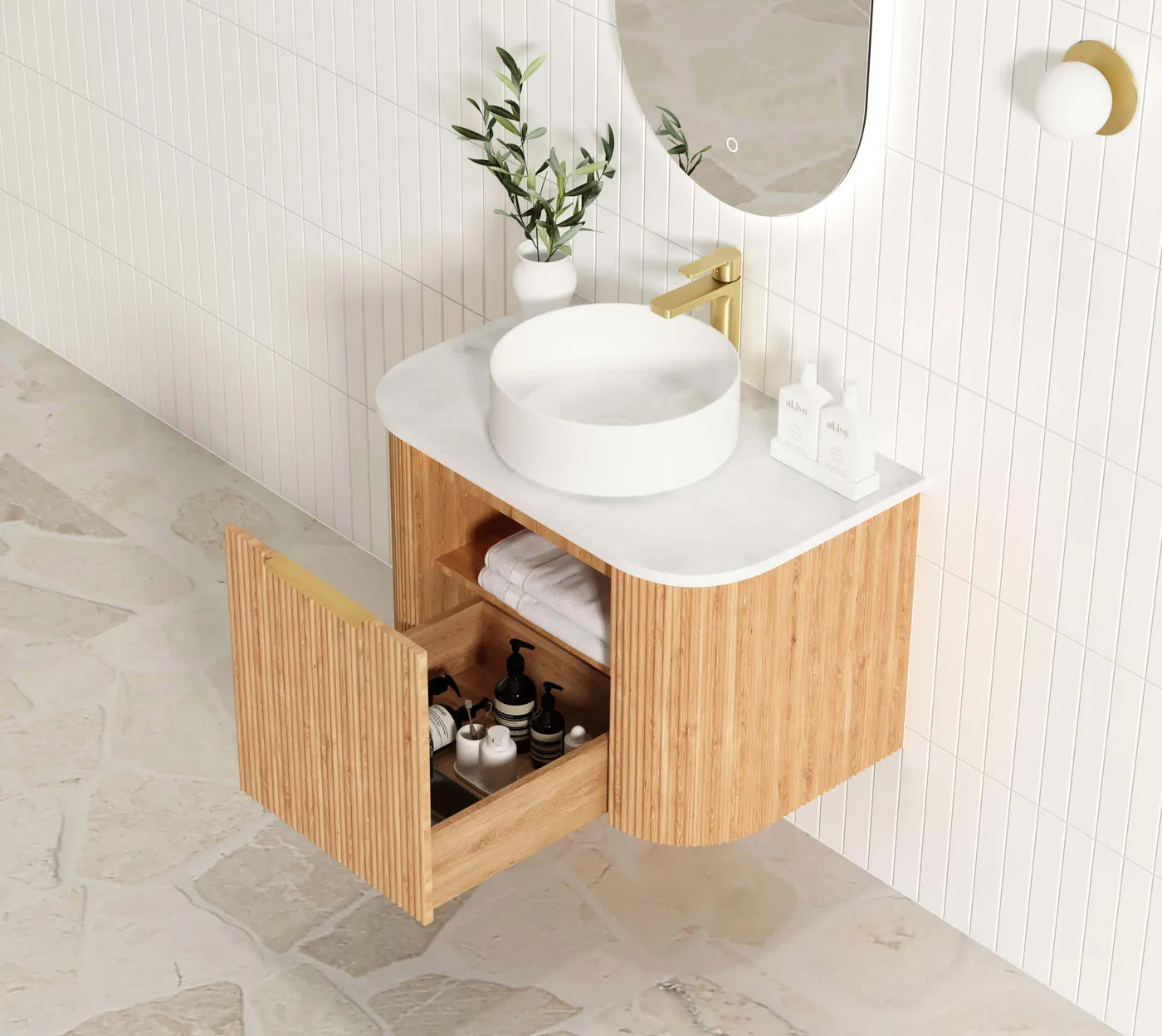 Bondi Woodland Oak Fluted Curve Vanity - 750x450