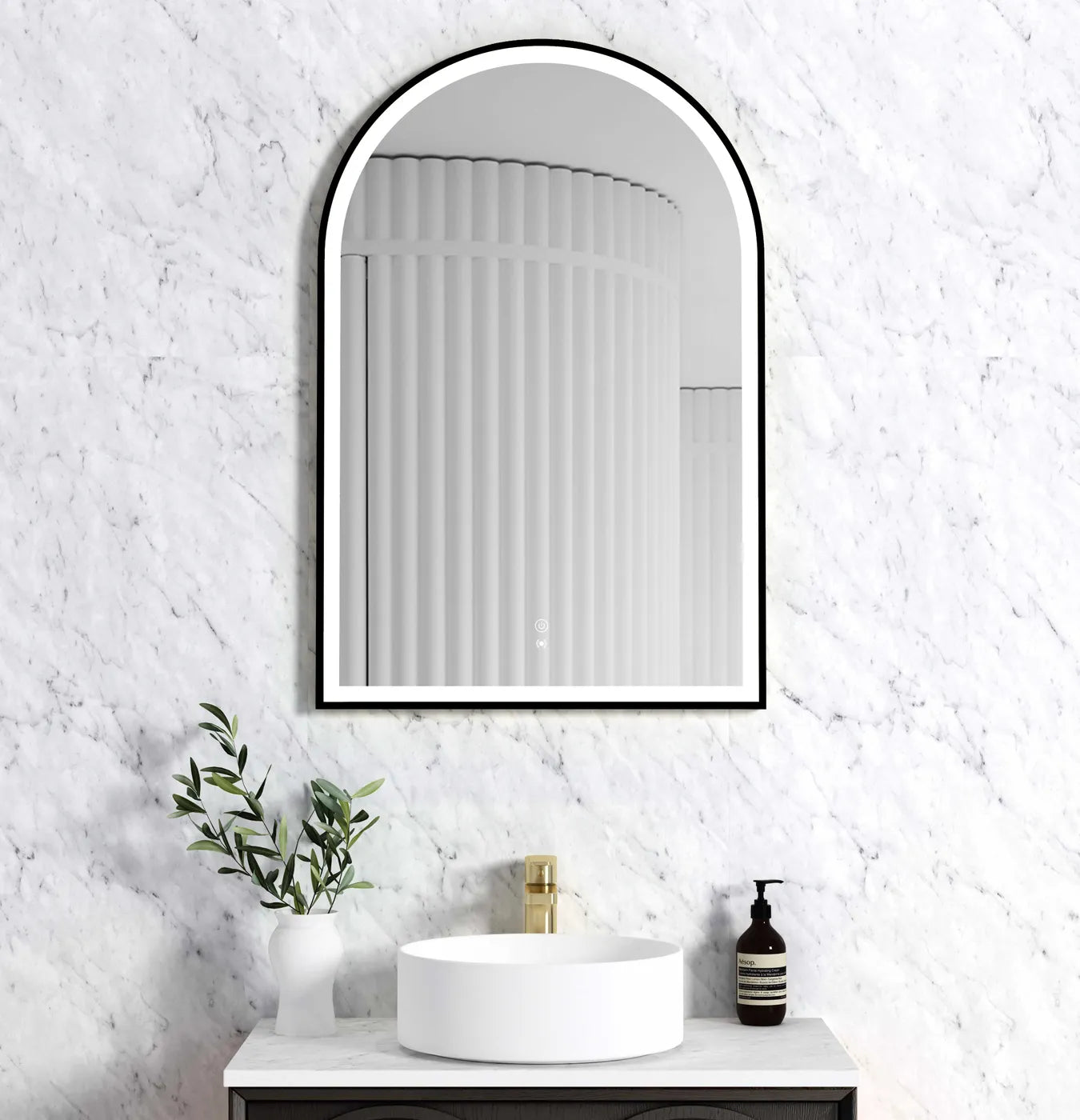 LED Arched Matte Black Framed Mirror - 900x600