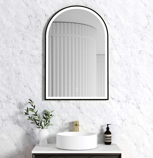LED Arched Matte Black Framed Mirror - 900x600