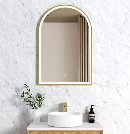 LED Arched Brushed Gold Framed Mirror - 900x600