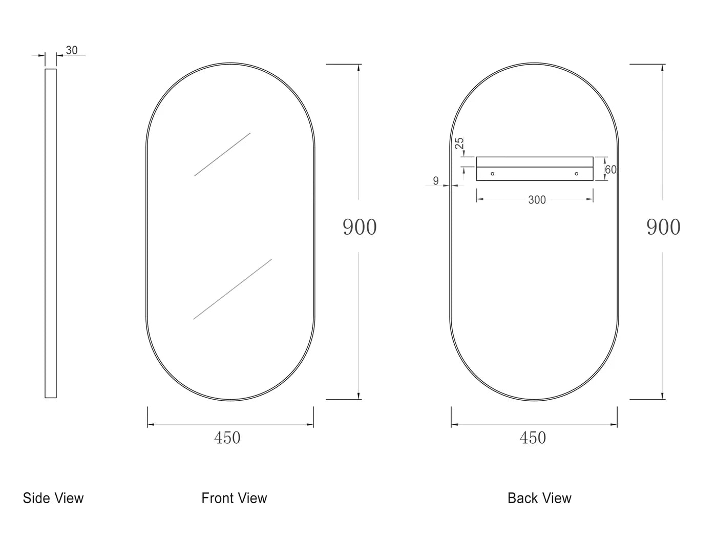Oval Matte Black Framed Mirror - 900x450