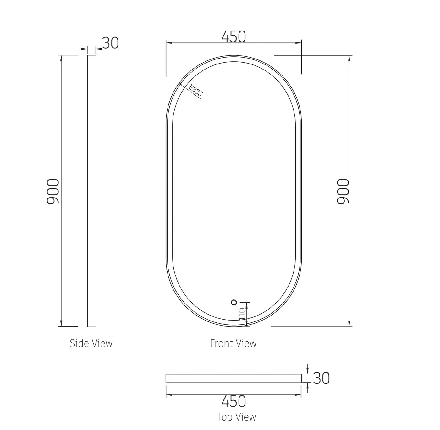 LED Oval Matte Black Framed Mirror - 900x450