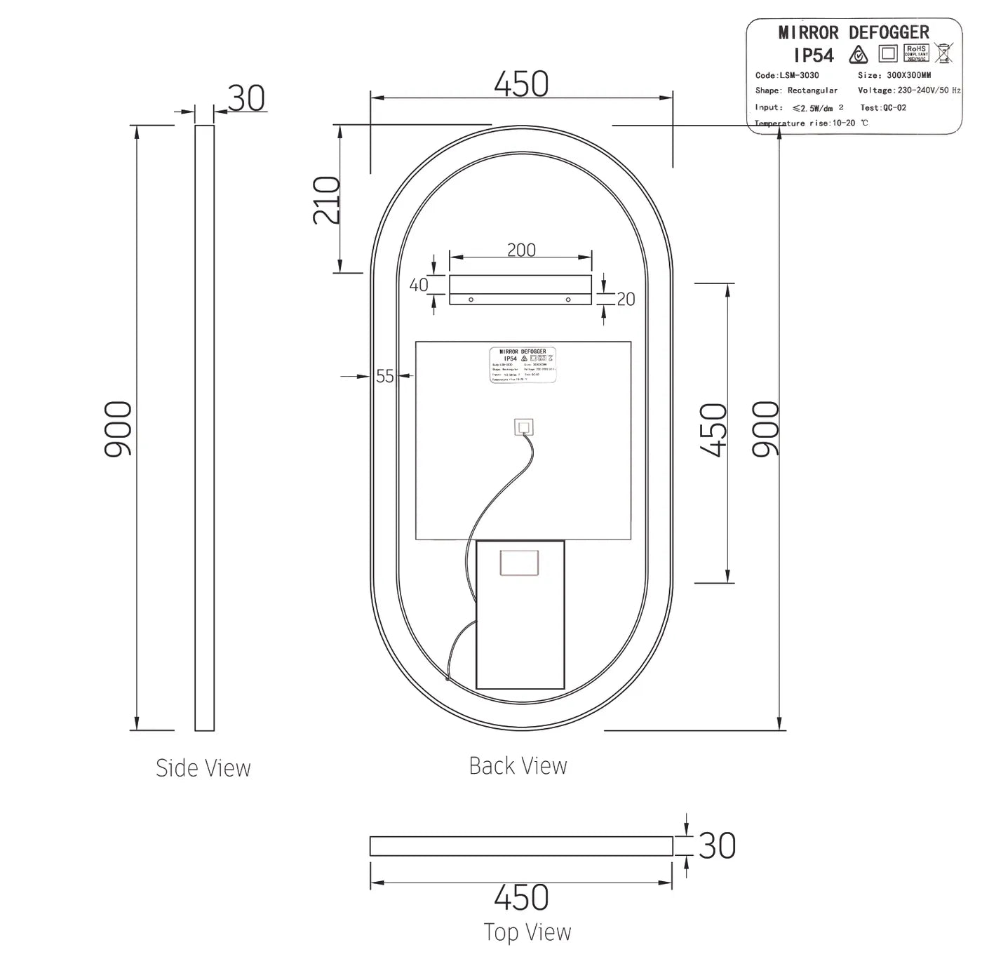 LED Oval Matte Black Framed Mirror - 900x450