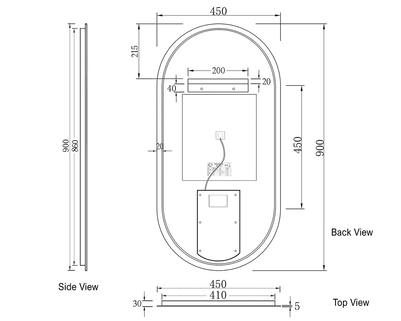 LED Oval Frameless Mirror - 900x450