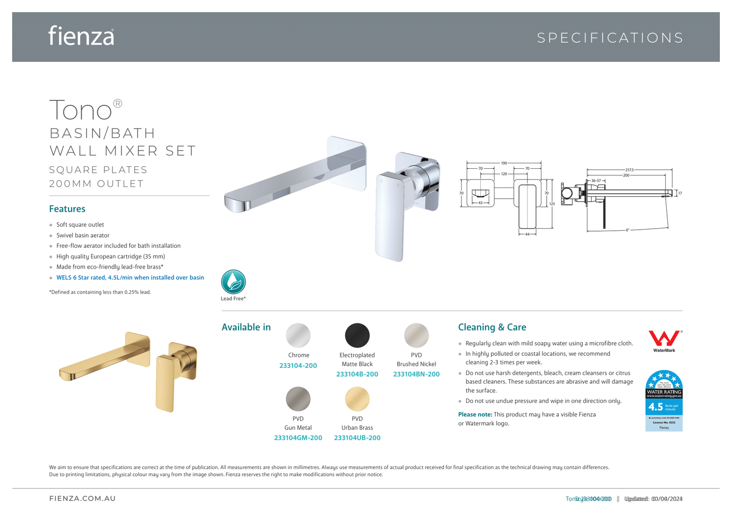 Tono Basin/Bath Wall Mixer Set - Square Plates