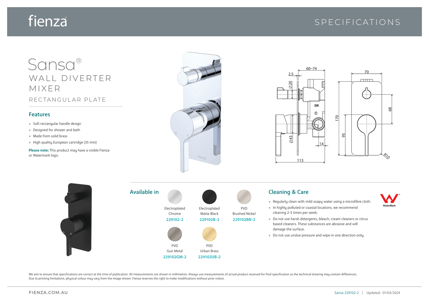 Sansa Wall Diverter Mixer - Rectangular Plate