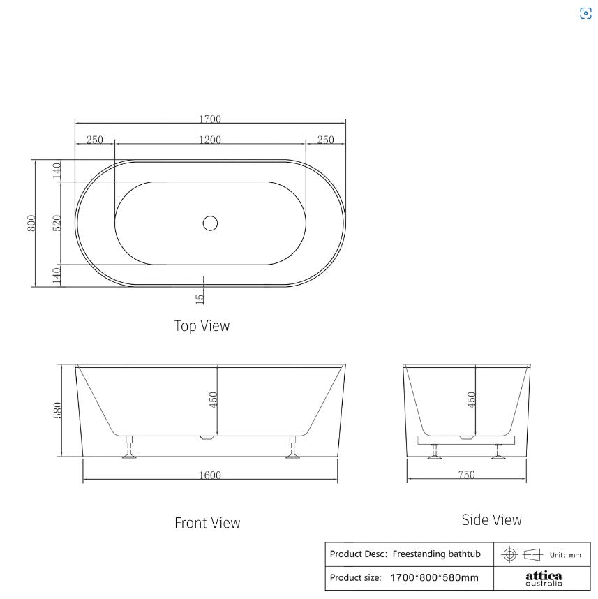 Attica Noosa 1700 Gloss White/Matte White Bath