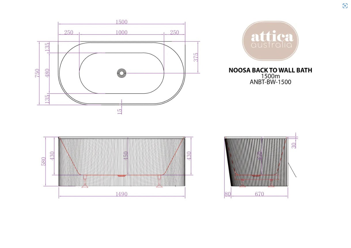 Attica Noosa 1500 Gloss White/Matte White BTW Multi-fit Bath