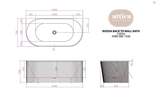Attica Noosa 1500 Gloss White/Matte White BTW Multi-fit Bath
