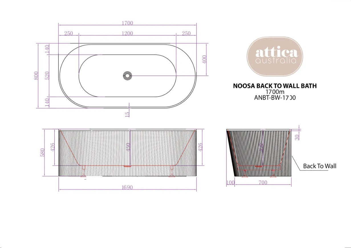 Attica Noosa 1700 Gloss White/Matte White BTW Multi-fit Bath