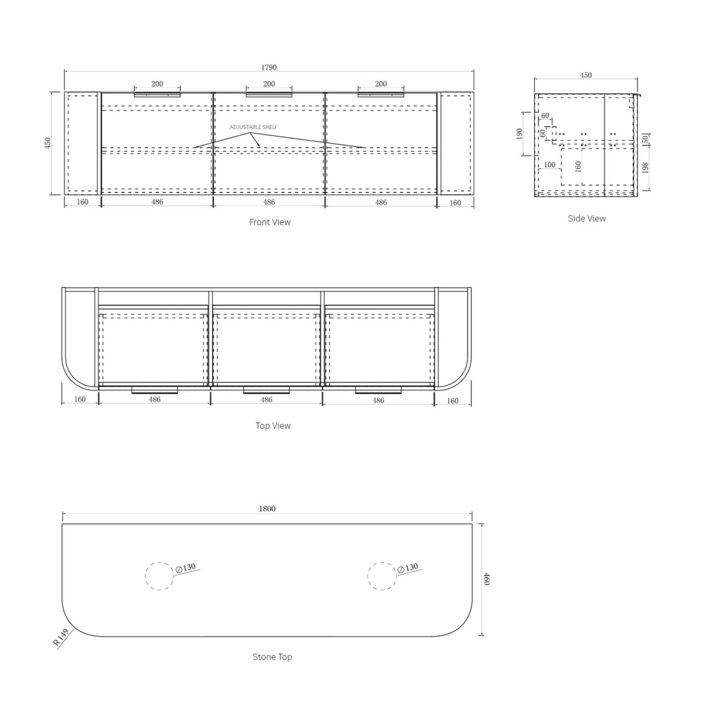 Bondi Natural Oak Curve Vanity - 1800x450