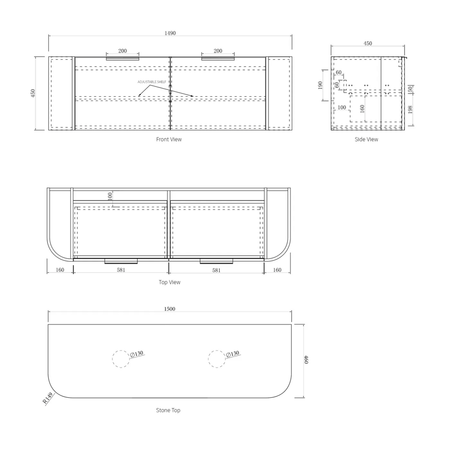Bondi Natural Oak Curve Vanity - 1500x450