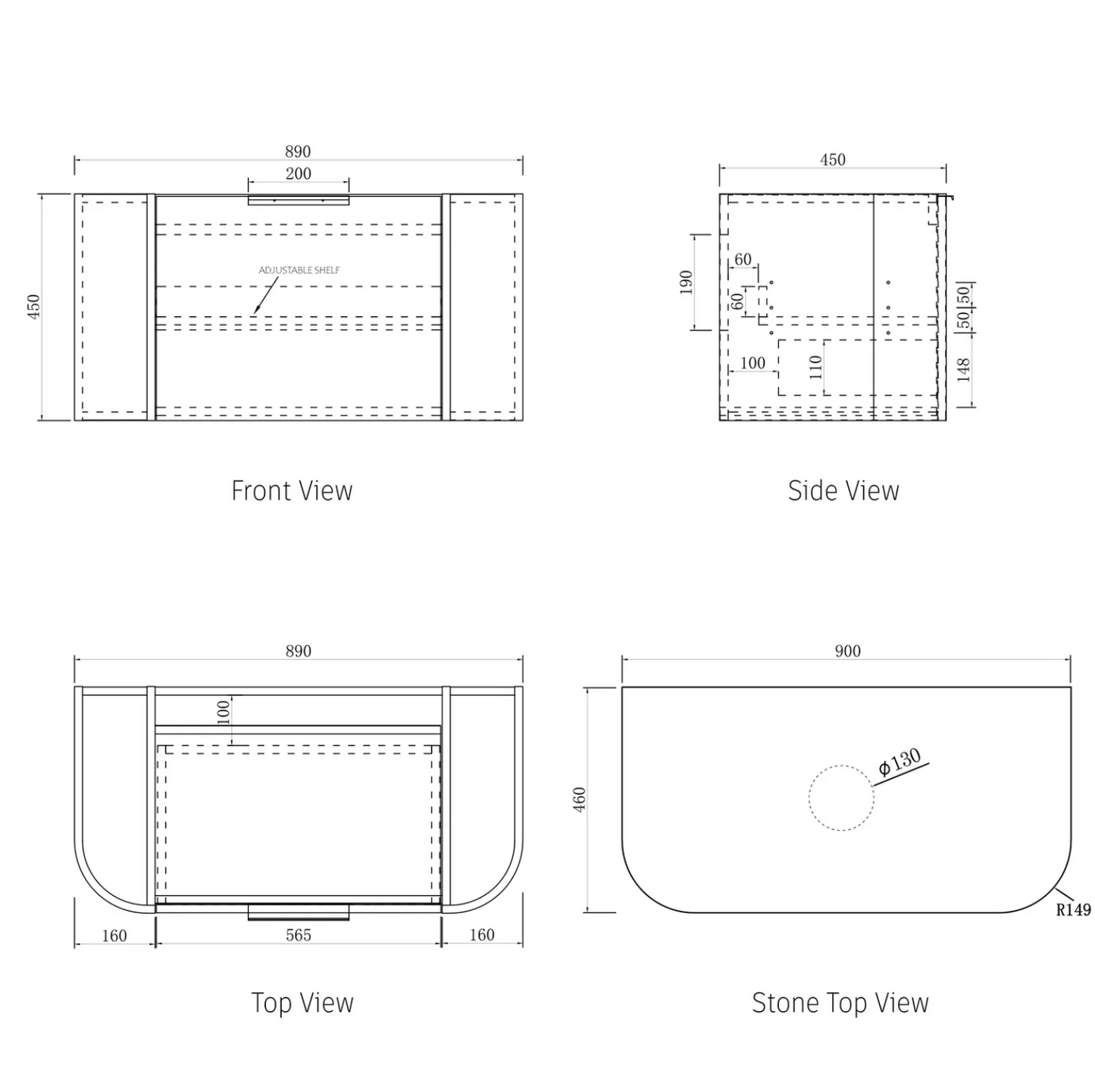 Bondi Natural Oak Curve Vanity - 900x450