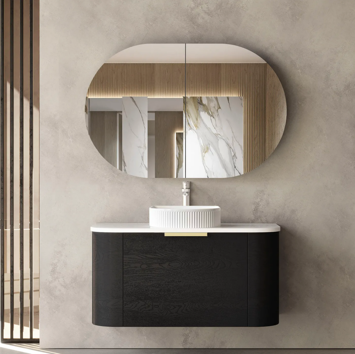 Bondi Black Oak Curve Vanity - 900x450