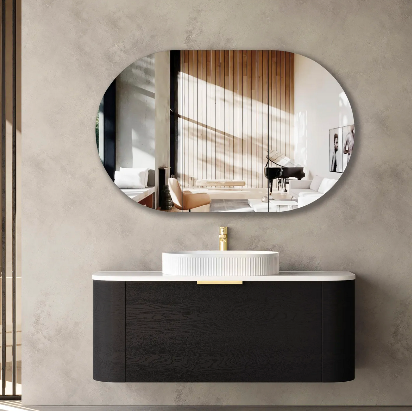 Bondi Black Oak Curve Vanity - 1200x450
