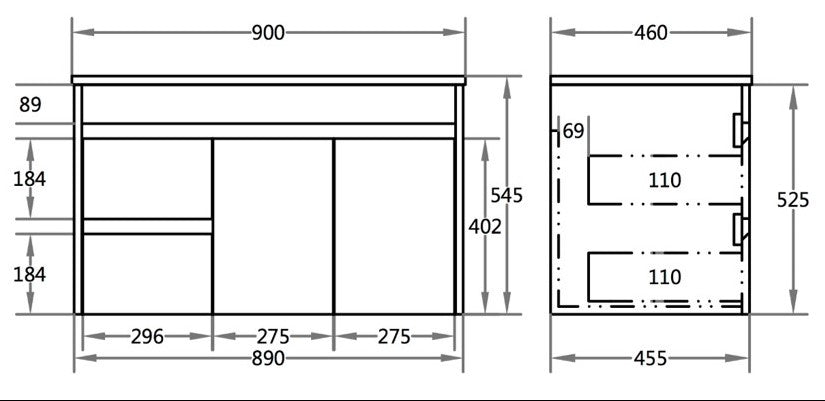 PVC Wall Hung Vanity (LH) - 900mm