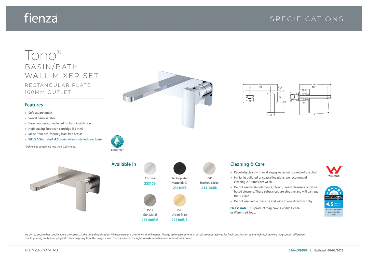 Tono Basin/Bath Wall Mixer Set - Rectangle Plate