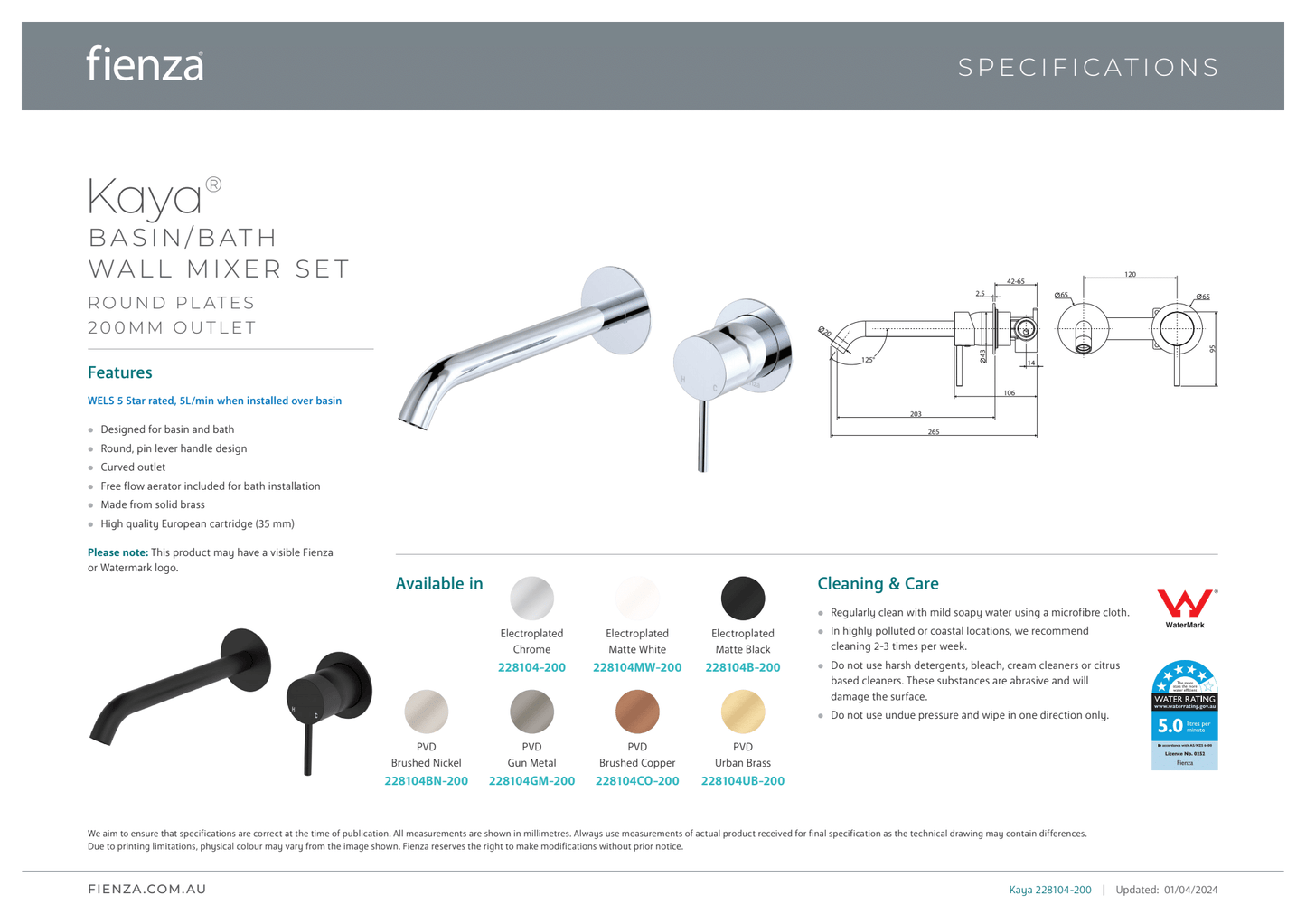 Kaya Basin/Bath Wall Mixer Set Round Plate