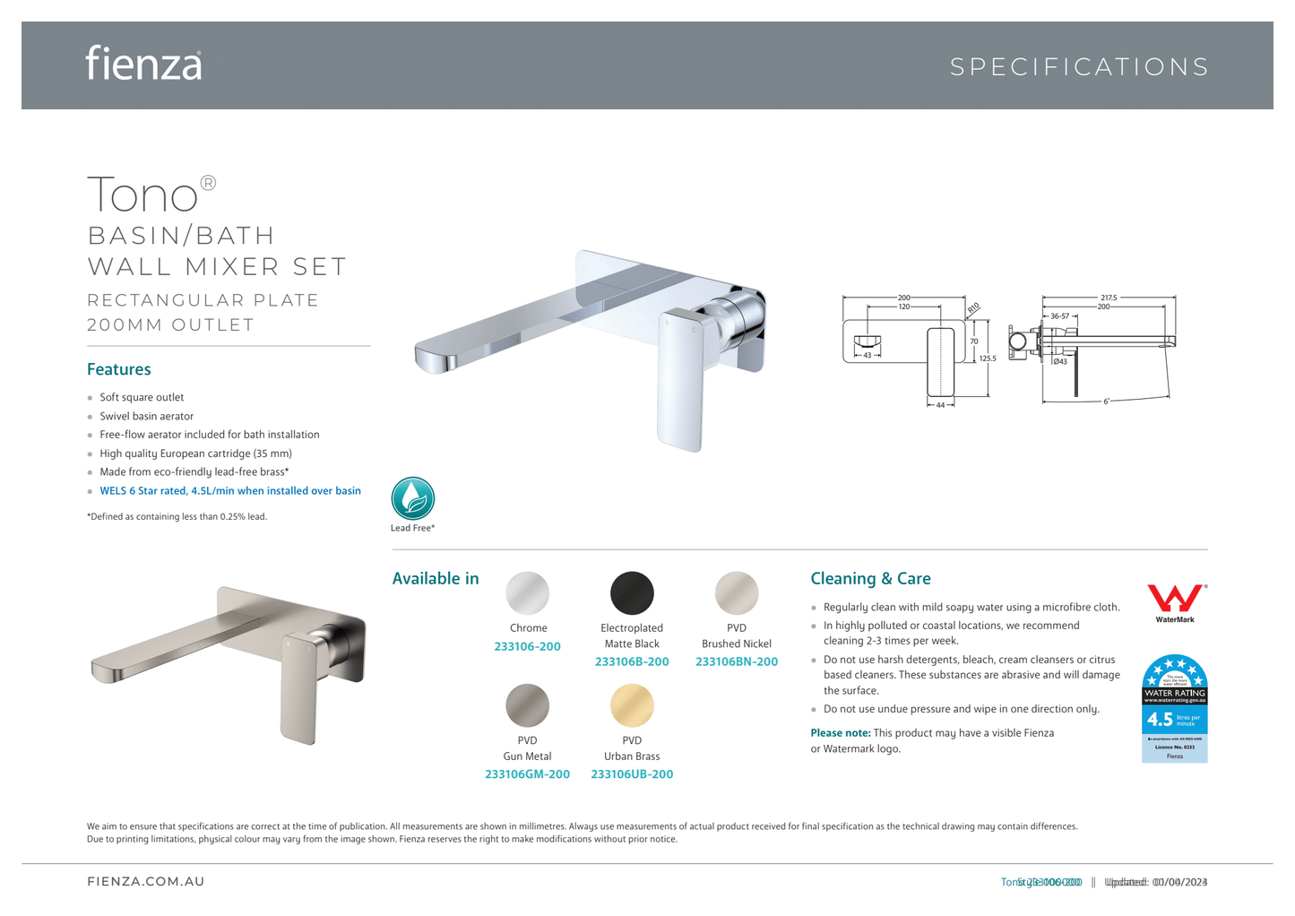 Tono Basin/Bath Wall Mixer Set - Rectangle Plate