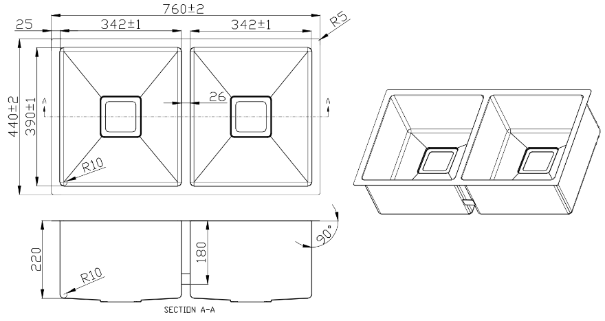 Double Bowl Sink - 760 x 440