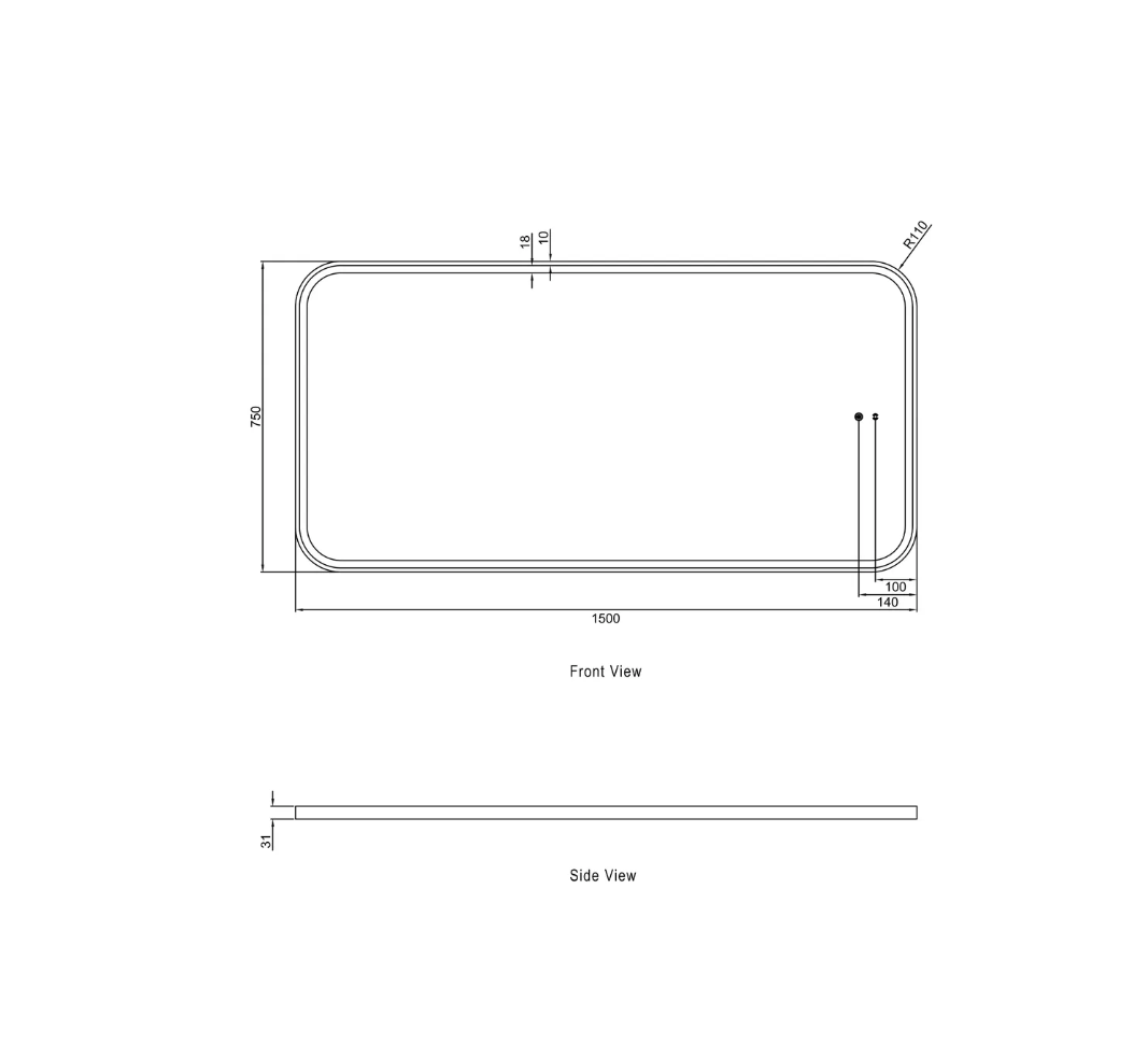 LED Matte Black Framed Mirror - 1500x750
