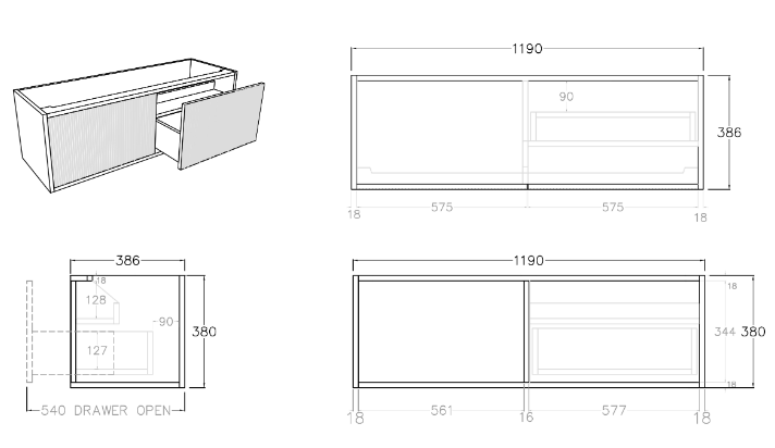 Bellevue Wall Hung Vanity (Slim) - 1200mm