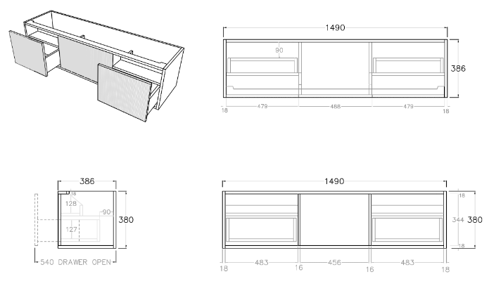 Bellevue Wall Hung Vanity (Slim) - 1500mm