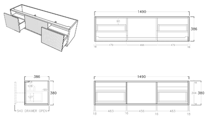 Bellevue Wall Hung Vanity (Slim) - 1500mm