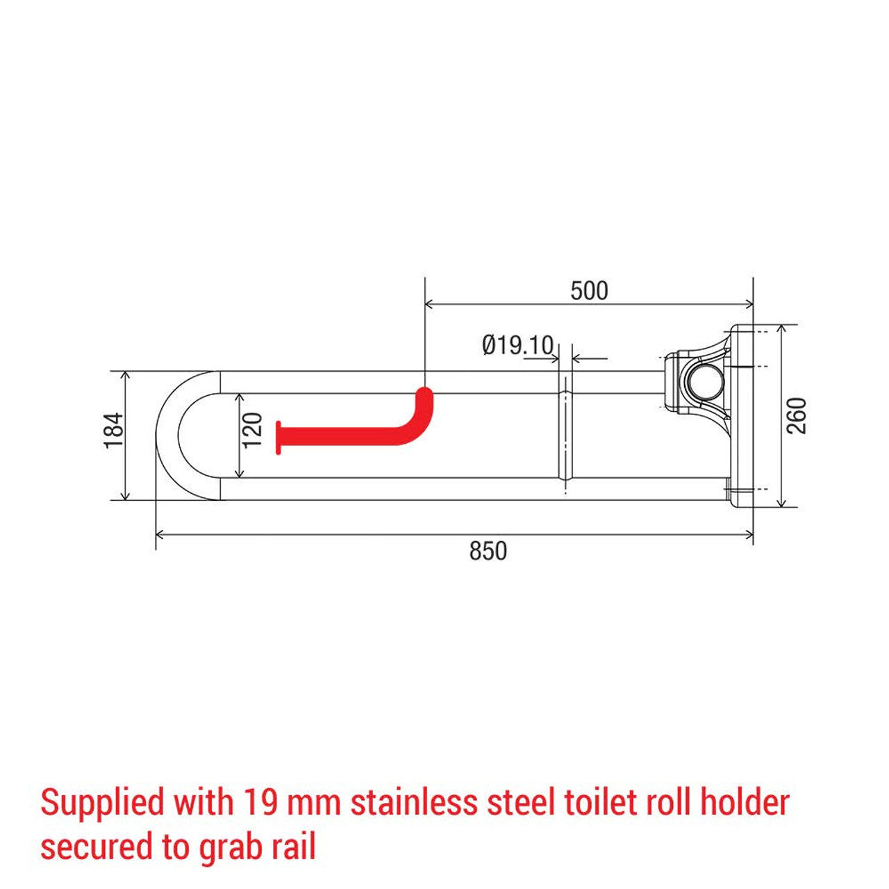 Tiltlock® 850mm Grab Rail With Fixed Toilet Paper Holder