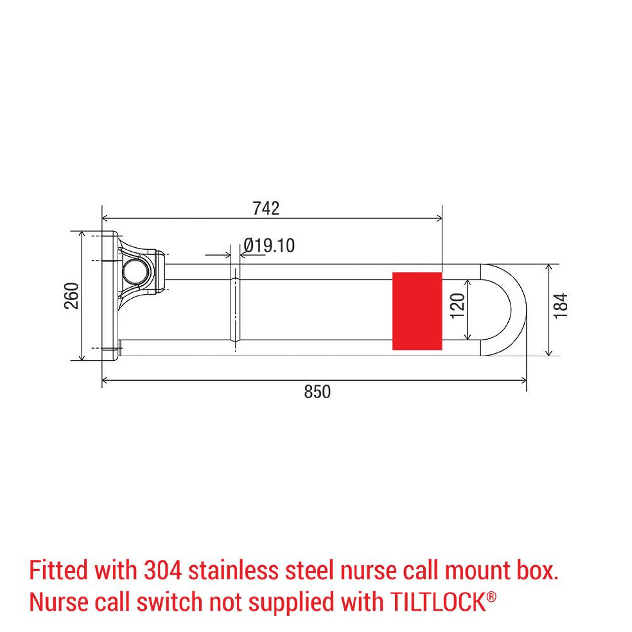 Tiltlock® 850mm Grab Rail With Nurse Call Mount Box