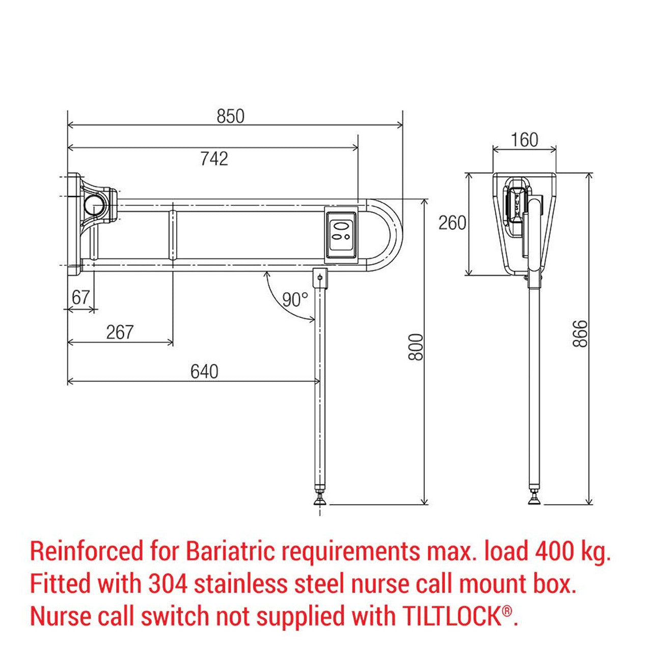 Tiltlock® 850mm Bariatric Folding Leg Grab Rail With Nurse Call Mount Box