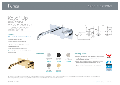 Kaya Up Basin/Bath Wall Mixer Set Rectangle Plate