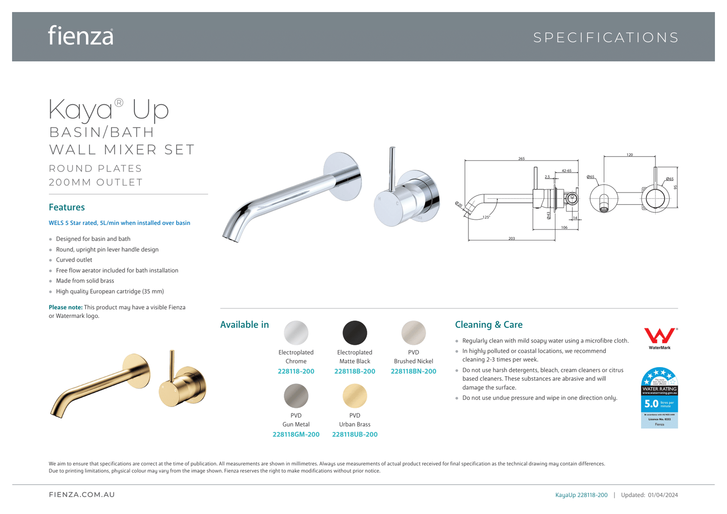 Kaya Up Basin/Bath Wall Mixer Set Round Plate