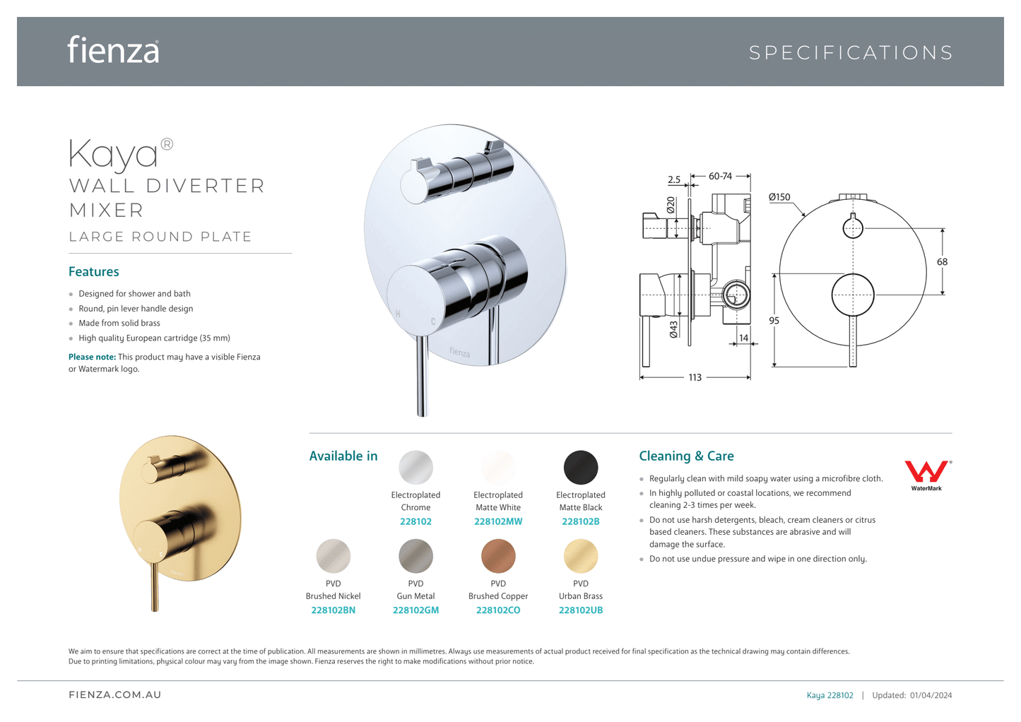 Kaya Wall Diverter Mixer - Round Plate