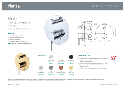 Kaya Wall Diverter Mixer - Round Plate