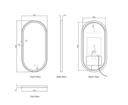 LED Brighton Black Metal Frame Mirror With Tuffi Glass - 900x450