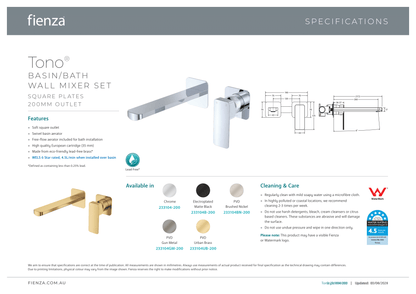 Tono Basin/Bath Wall Mixer Set - Square Plates