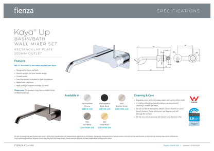 Kaya Up Basin/Bath Wall Mixer Set Rectangle Plate