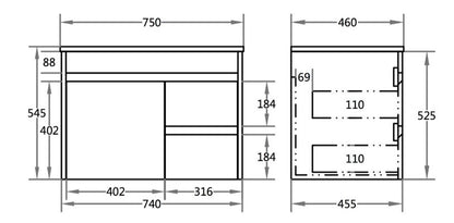 PVC Wall Hung Vanity (RH) - 750mm