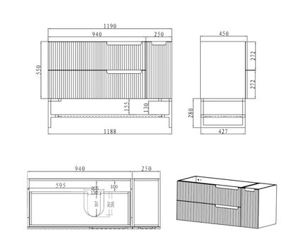 Noosa Matte White Wave Board Vanity - 1200x550